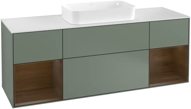 VILLEROY BOCH Toaletní skříňka Finion, s osvětlením, 4 výsuvy, 1600 x 603 x 501 mm, olivově matný lak / ořechová dýha / sklo bílé matné #F331GNGM