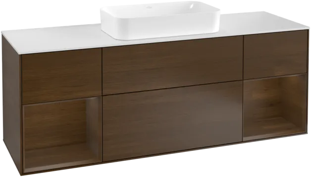 VILLEROY BOCH Toaletní skříňka Finion, s osvětlením, 4 výsuvy, 1600 x 603 x 501 mm, ořechová dýha / ořechová dýha / sklo bílé matné #F331GNGN