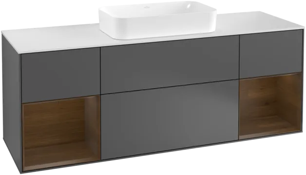 VILLEROY BOCH Toaletní skříňka Finion, s osvětlením, 4 výsuvy, 1600 x 603 x 501 mm, antracit matný lak / ořechová dýha / sklo bílé matné #F331GNGK