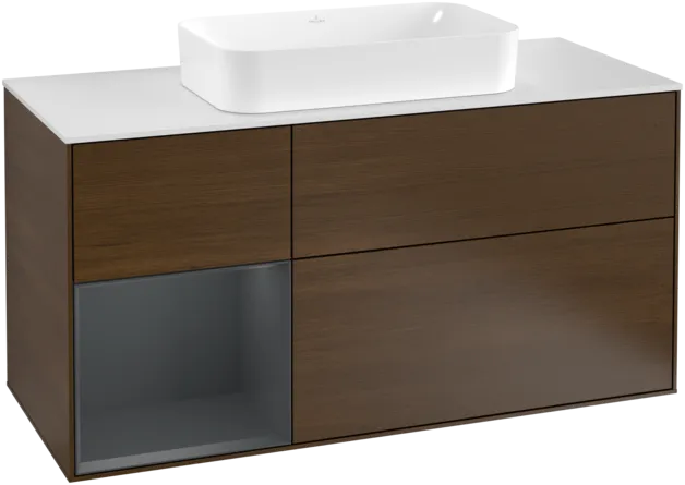 VILLEROY BOCH Toaletní skříňka Finion, s osvětlením, 3 výsuvy, 1200 x 603 x 501 mm, ořechová dýha / půlnočně modrý matný lak / sklo bílé matné #F291HGGN