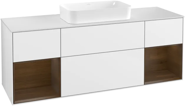 VILLEROY BOCH Toaletní skříňka Finion, s osvětlením, 4 výsuvy, 1600 x 603 x 501 mm, lesklý bílý lak / ořechová dýha / sklo bílé matné #F331GNGF