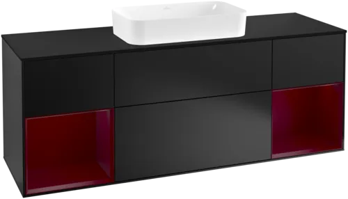 VILLEROY BOCH Toaletní skříňka Finion, s osvětlením, 4 výsuvy, 1600 x 603 x 501 mm, černý matný lak / pivoňkový matný lak / černé matné sklo #F332HBPD