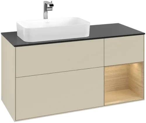 VILLEROY BOCH Toaletní skříňka Finion, s osvětlením, 3 výsuvy, 1200 x 603 x 501 mm, hedvábně šedý matný lak / dubová dýha / černé matné sklo #F282PCHJ