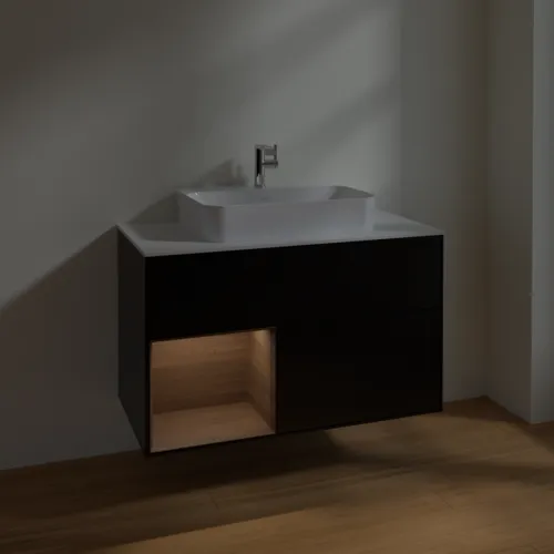 VILLEROY BOCH Toaletní skříňka Finion, s osvětlením, 2 výsuvy, 1000 x 603 x 501 mm, černý matný lak / ořechová dýha / sklo bílé matné #F361GNPD, obrázek 5
