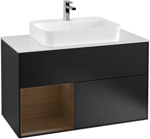 VILLEROY BOCH Toaletní skříňka Finion, s osvětlením, 2 výsuvy, 1000 x 603 x 501 mm, černý matný lak / ořechová dýha / sklo bílé matné #F361GNPD