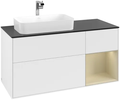 VILLEROY BOCH Toaletní skříňka Finion, s osvětlením, 3 výsuvy, 1200 x 603 x 501 mm, bílý matný lak / hedvábně šedý matný lak / černé matné sklo #F282HJMT