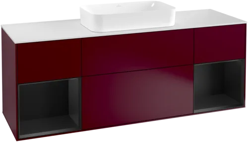 VILLEROY BOCH Toaletní skříňka Finion, s osvětlením, 4 výsuvy, 1600 x 603 x 501 mm, Pivoňka matný lak / Černý matný lak / Sklo bílé matné #F331PDHB