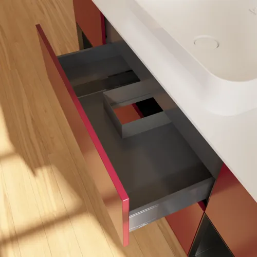 VILLEROY BOCH Toaletní skříňka Finion, s osvětlením, 4 výsuvy, 1600 x 603 x 501 mm, Pivoňka matný lak / Černý matný lak / Sklo bílé matné #F331PDHB, obrázek 8