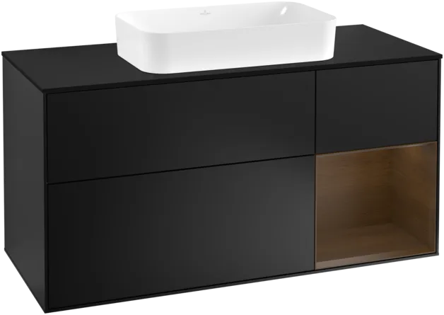 VILLEROY BOCH Toaletní skříňka Finion, s osvětlením, 3 výsuvy, 1200 x 603 x 501 mm, černý matný lak / ořechová dýha / černé matné sklo #F302GNPD
