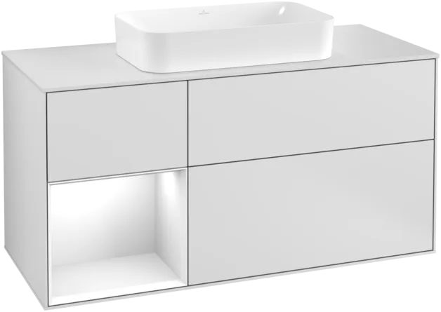 VILLEROY BOCH Umyvadlová skříňka Finion, s osvětlením, 3 výsuvy, 1200 x 603 x 501 mm, bílý matný lak / bílý lesklý lak / bílé matné sklo #F291GFMT
