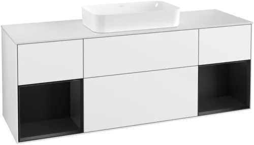 VILLEROY BOCH Toaletní skříňka Finion, s osvětlením, 4 výsuvy, 1600 x 603 x 501 mm, lesklý bílý lak / černý matný lak / sklo bílé matné #F331PDGF