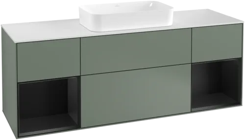 VILLEROY BOCH Toaletní skříňka Finion, s osvětlením, 4 výsuvy, 1600 x 603 x 501 mm, olivový matný lak / černý matný lak / bílé matné sklo #F331PDGM