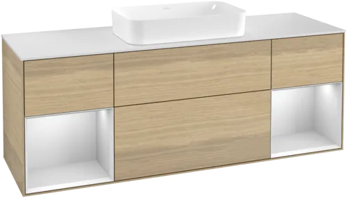 VILLEROY BOCH Toaletní skříňka Finion, s osvětlením, 4 výsuvy, 1600 x 603 x 501 mm, dubová dýha / bílý matný lak / bílé matné sklo #F331MTPC