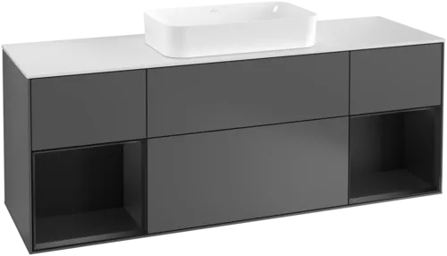 VILLEROY BOCH Toaletní skříňka Finion, s osvětlením, 4 výsuvy, 1600 x 603 x 501 mm, antracitový matný lak / černý matný lak / bílé matné sklo #F331PDGK