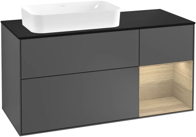 VILLEROY BOCH Toaletní skříňka Finion, s osvětlením, 3 výsuvy, 1200 x 603 x 501 mm, antracitový matný lak / dubová dýha / černé matné sklo #F282PCGK