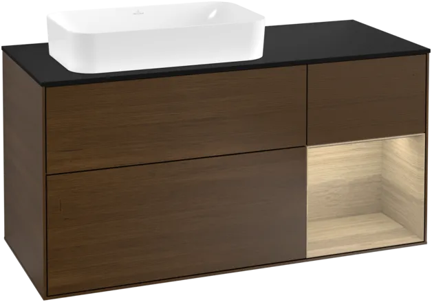 VILLEROY BOCH Toaletní skříňka Finion, s osvětlením, 3 výsuvy, 1200 x 603 x 501 mm, ořechová dýha / dubová dýha / sklo černé matné #F282PCGN