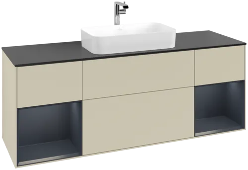 VILLEROY BOCH Toaletní skříňka Finion, s osvětlením, 4 výsuvy, 1600 x 603 x 501 mm, hedvábně šedý matný lak / půlnočně modrý matný lak / černé matné sklo #F332HGHJ