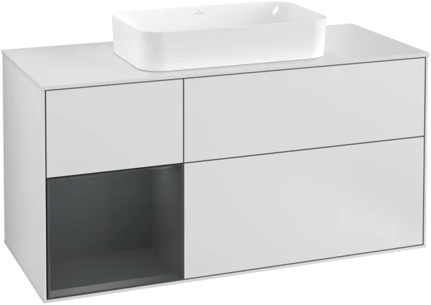 VILLEROY BOCH Toaletní skříňka Finion, s osvětlením, 3 výsuvy, 1200 x 603 x 501 mm, bílý matný lak / půlnoční modrý matný lak / bílé matné sklo #F291HGMT