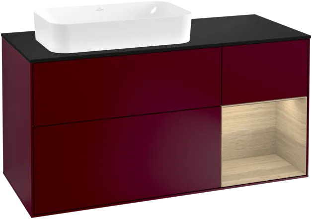 VILLEROY BOCH Toaletní skříňka Finion, s osvětlením, 3 výsuvy, 1200 x 603 x 501 mm, matný lak Peony / dubová dýha / černé matné sklo #F282PCHB