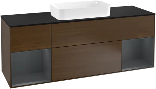 VILLEROY BOCH Toaletní skříňka Finion, s osvětlením, 4 výsuvy, 1600 x 603 x 501 mm, ořechová dýha / půlnočně modrý matný lak / černé matné sklo #F332HGGN