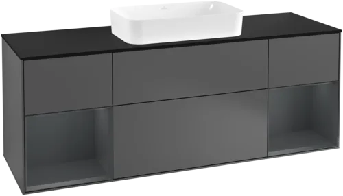 VILLEROY BOCH Toaletní skříňka Finion, s osvětlením, 4 výsuvy, 1600 x 603 x 501 mm, antracitový matný lak / půlnoční modrý matný lak / černé matné sklo #F332HGGK