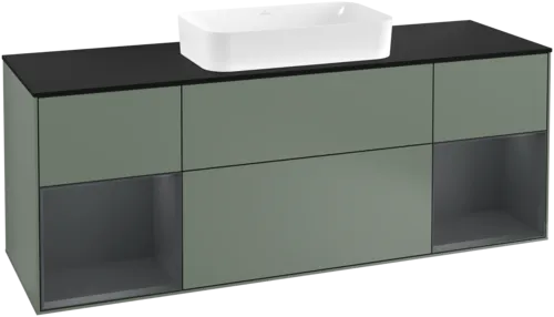 VILLEROY BOCH Toaletní skříňka Finion, s osvětlením, 4 výsuvy, 1600 x 603 x 501 mm, olivový matný lak / půlnoční modrý matný lak / černé matné sklo #F332HGGM
