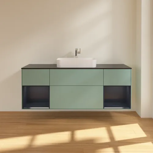 VILLEROY BOCH Toaletní skříňka Finion, s osvětlením, 4 výsuvy, 1600 x 603 x 501 mm, olivový matný lak / půlnoční modrý matný lak / černé matné sklo #F332HGGM, obrázek 3