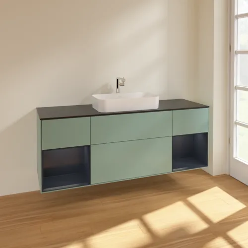 VILLEROY BOCH Toaletní skříňka Finion, s osvětlením, 4 výsuvy, 1600 x 603 x 501 mm, olivový matný lak / půlnoční modrý matný lak / černé matné sklo #F332HGGM, obrázek 2