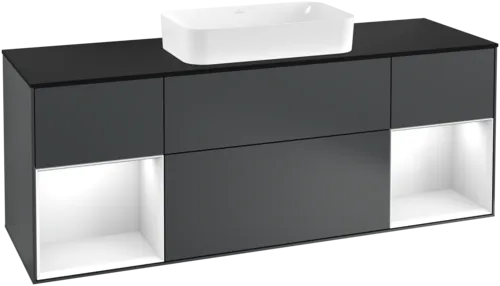 VILLEROY BOCH Toaletní skříňka Finion, s osvětlením, 4 výsuvy, 1600 x 603 x 501 mm, Midnight Blue Matt Lacquer / Glossy White Lacquer / Glass Black Matt #F332GFHG