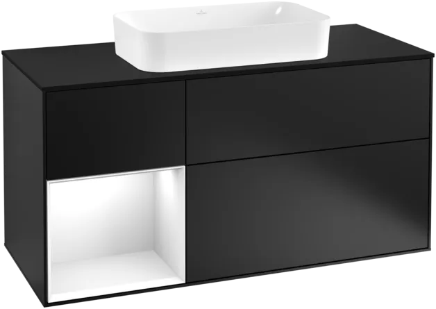 VILLEROY BOCH Toaletní skříňka Finion, s osvětlením, 3 výsuvy, 1200 x 603 x 501 mm, černý matný lak / bílý lesklý lak / černé matné sklo #F292GFPD