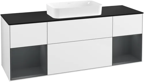 VILLEROY BOCH Toaletní skříňka Finion, s osvětlením, 4 výsuvy, 1600 x 603 x 501 mm, lesklý bílý lak / půlnoční modrý matný lak / černé matné sklo #F332HGGF