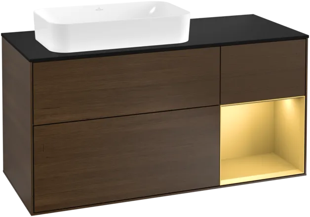 VILLEROY BOCH Toaletní skříňka Finion, s osvětlením, 3 výsuvy, 1200 x 603 x 501 mm, ořechová dýha / zlatý matný lak / černé matné sklo #F282HFGN