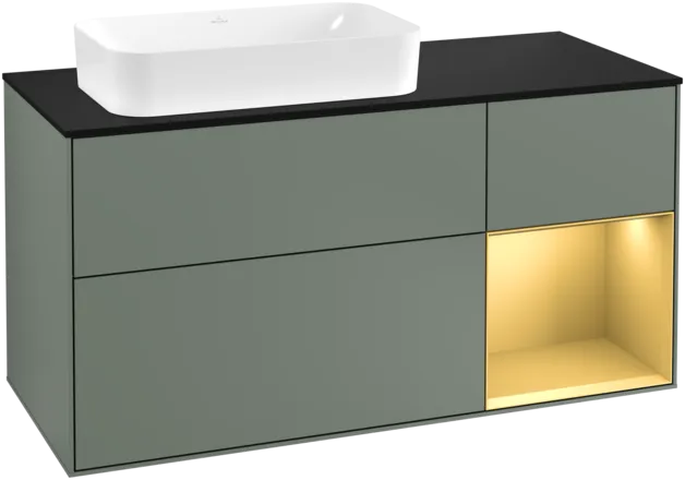 VILLEROY BOCH Toaletní skříňka Finion, s osvětlením, 3 výsuvy, 1200 x 603 x 501 mm, olivový matný lak / zlatý matný lak / černé matné sklo #F282HFGM
