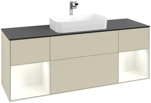 VILLEROY BOCH Toaletní skříňka Finion, s osvětlením, 4 výsuvy, 1600 x 603 x 501 mm, hedvábně šedý matný lak / lesklý bílý lak / černé matné sklo #F332GFHJ