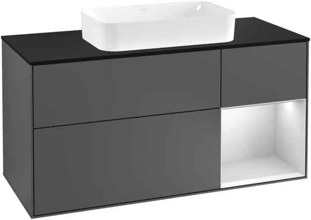 VILLEROY BOCH Toaletní skříňka Finion, s osvětlením, 3 výsuvy, 1200 x 603 x 501 mm, antracitový matný lak / bílý matný lak / černé matné sklo #F302MTGK