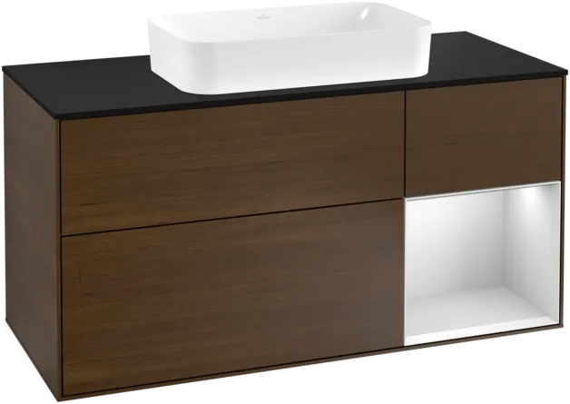 VILLEROY BOCH Toaletní skříňka Finion, s osvětlením, 3 výsuvy, 1200 x 603 x 501 mm, ořechová dýha / bílý matný lak / černé matné sklo #F302MTGN