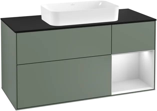 VILLEROY BOCH Toaletní skříňka Finion, s osvětlením, 3 výsuvy, 1200 x 603 x 501 mm, olivový matný lak / bílý matný lak / černé matné sklo #F302MTGM
