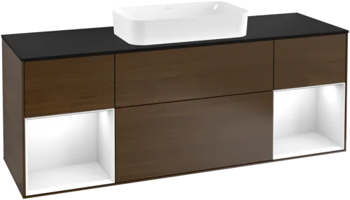VILLEROY BOCH Toaletní skříňka Finion, s osvětlením, 4 výsuvy, 1600 x 603 x 501 mm, ořechová dýha / lesklý bílý lak / černé matné sklo #F332GFGN