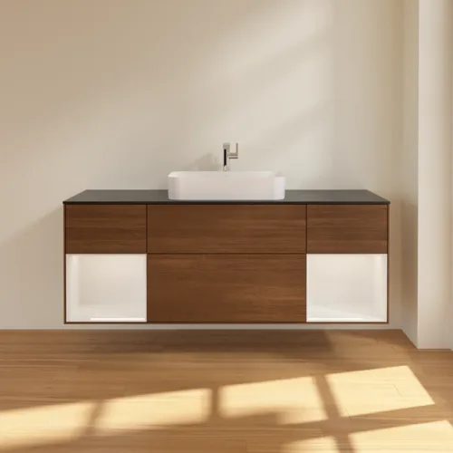 VILLEROY BOCH Toaletní skříňka Finion, s osvětlením, 4 výsuvy, 1600 x 603 x 501 mm, ořechová dýha / lesklý bílý lak / černé matné sklo #F332GFGN, obrázek 3