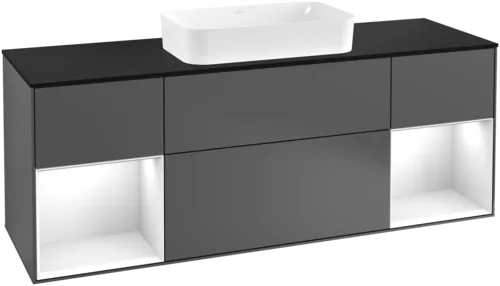 VILLEROY BOCH Toaletní skříňka Finion, s osvětlením, 4 výsuvy, 1600 x 603 x 501 mm, antracitový matný lak / lesklý bílý lak / černé matné sklo #F332GFGK