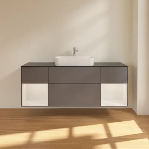VILLEROY BOCH Toaletní skříňka Finion, s osvětlením, 4 výsuvy, 1600 x 603 x 501 mm, antracitový matný lak / lesklý bílý lak / černé matné sklo #F332GFGK, obrázek 3