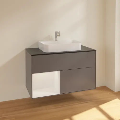 VILLEROY BOCH Toaletní skříňka Finion, s osvětlením, 2 výsuvy, 1000 x 603 x 501 mm, antracit matný lak / lesklý bílý lak / sklo černé matné #F362GFGK, obrázek 2