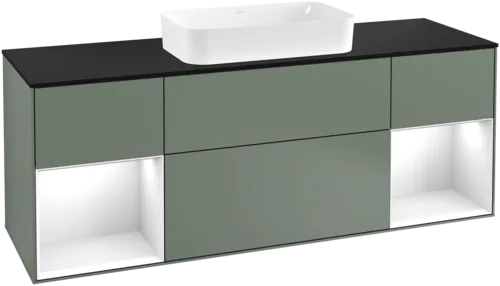VILLEROY BOCH Toaletní skříňka Finion, s osvětlením, 4 výsuvy, 1600 x 603 x 501 mm, olivový matný lak / lesklý bílý lak / sklo černé matné #F332GFGM
