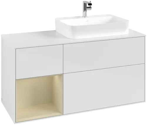 VILLEROY BOCH Toaletní skříňka Finion, s osvětlením, 3 výsuvy, 1200 x 603 x 501 mm, lesklý bílý lak / hedvábně šedý matný lak / bílé matné sklo #F391HJGF