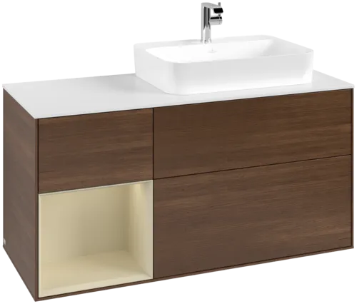 VILLEROY BOCH Toaletní skříňka Finion, s osvětlením, 3 výsuvy, 1200 x 603 x 501 mm, ořechová dýha / hedvábně šedý matný lak / sklo bílé matné #F391HJGN