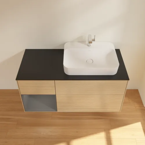VILLEROY BOCH Toaletní skříňka Finion, s osvětlením, 3 výsuvy, 1200 x 603 x 501 mm, dubová dýha / antracitový matný lak / černé matné sklo #F392GKPC, obrázek 4