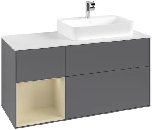 VILLEROY BOCH Toaletní skříňka Finion, s osvětlením, 3 výsuvy, 1200 x 603 x 501 mm, antracitový matný lak / hedvábně šedý matný lak / bílé matné sklo #F391HJGK