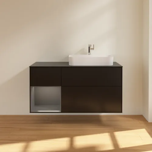 VILLEROY BOCH Toaletní skříňka Finion, s osvětlením, 3 výsuvy, 1200 x 603 x 501 mm, černý matný lak / antracitový matný lak / černé matné sklo #F392GKPD, obrázek 3