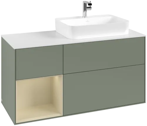 VILLEROY BOCH Toaletní skříňka Finion, s osvětlením, 3 výsuvy, 1200 x 603 x 501 mm, olivový matný lak / hedvábně šedý matný lak / bílé matné sklo #F391HJGM