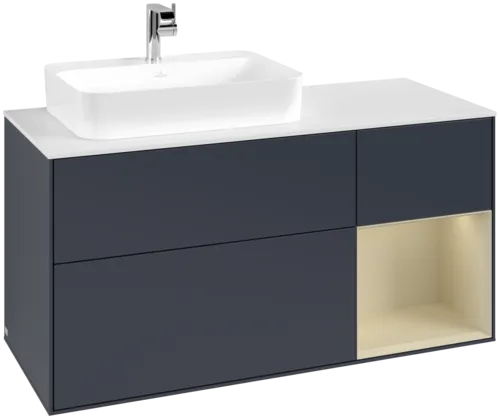 VILLEROY BOCH Toaletní skříňka Finion, s osvětlením, 3 výsuvy, 1200 x 603 x 501 mm, Midnight Blue Matt Lacquer / Silk Grey Matt Lacquer / Glass White Matt #F401HJHG
